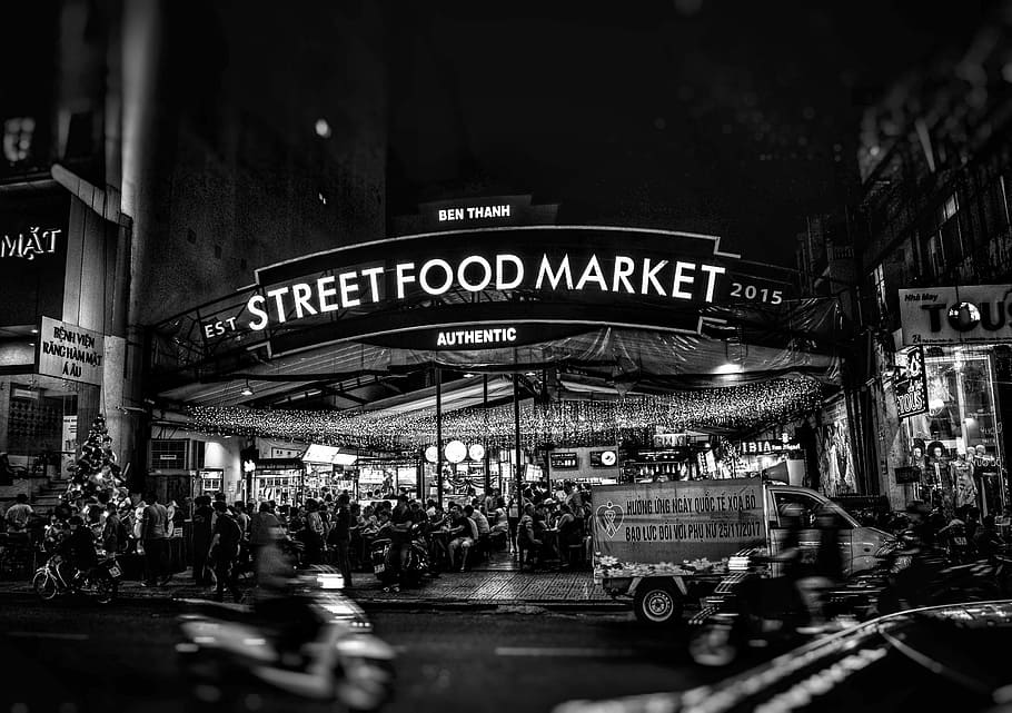 grayscale shot of Street Food Market, Street Food Market facade HD wallpaper