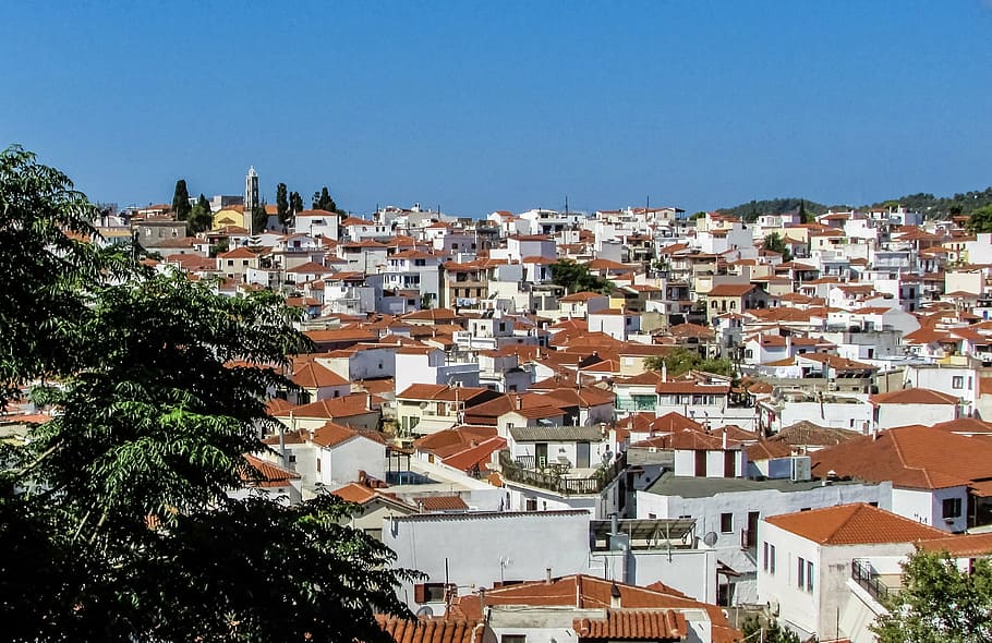greece, skiathos, chora, town, island, sporades, aegean, architecture HD wallpaper