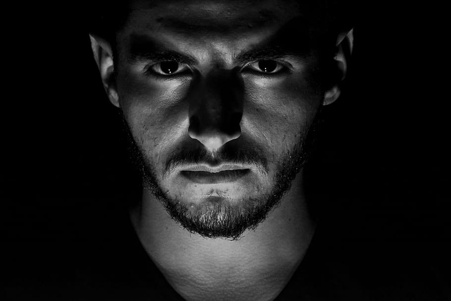 man under lighted gray scale photo, portrait, people, eyes, face