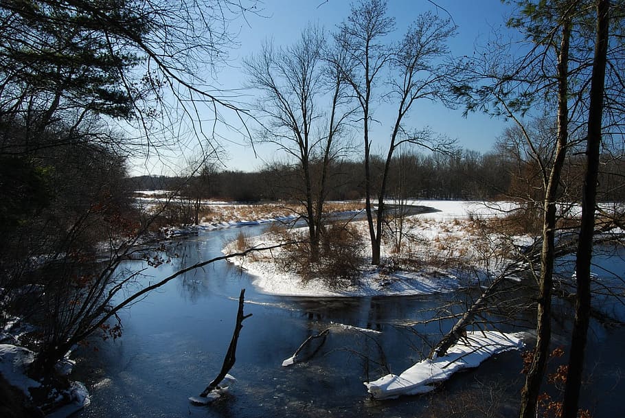 massachusetts, river, stream, forest, reflections, winter, snow HD wallpaper