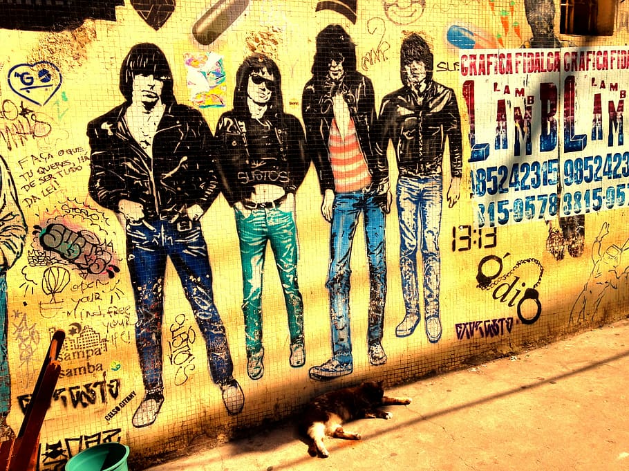 four men wall paint, ramones, band, music, rock, goth, punk, artist