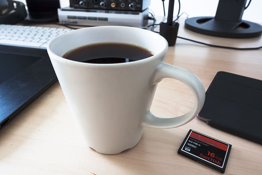 white ceramic mug filled with coffee on table, cup, workplace HD wallpaper
