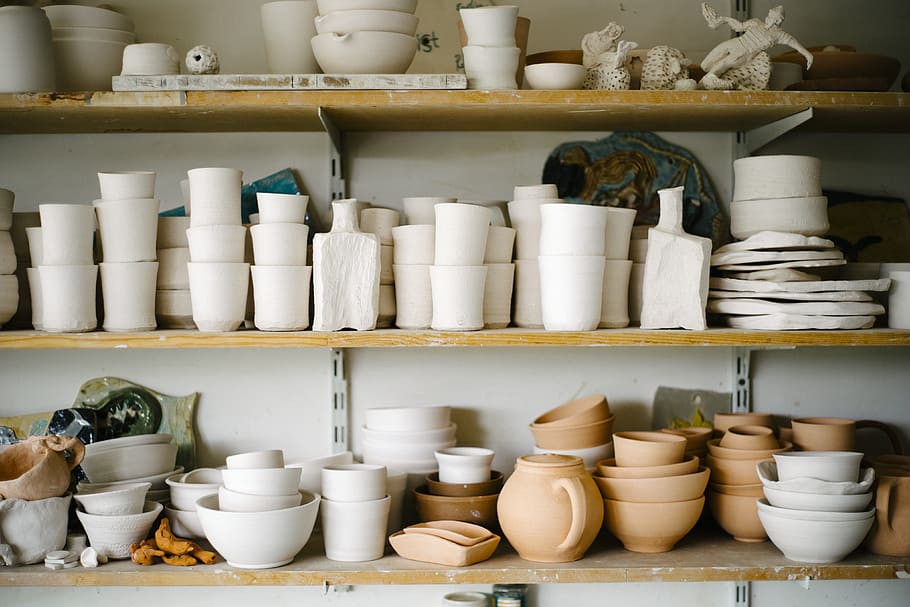 assorted ceramic dinnerwares on shelf, art, clay, craft, creative HD wallpaper