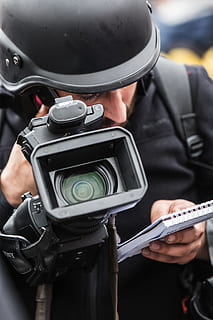 press, journalist, cameraman, war, event, helmet, author, overview HD wallpaper