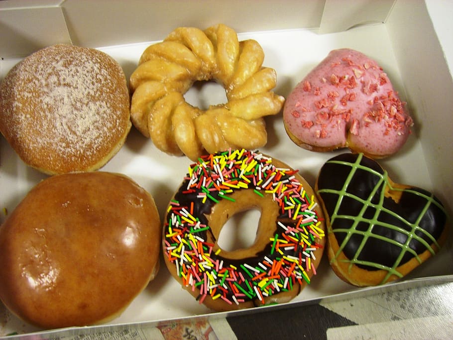 assorted-flavor doughnuts with box, variety, donuts, chocolate, HD wallpaper