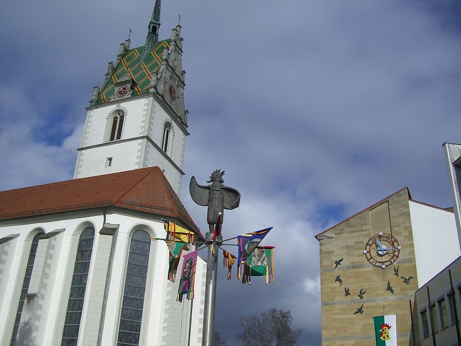 sea cock, buchhorner fasnet, friedrichshafen, town hall, church