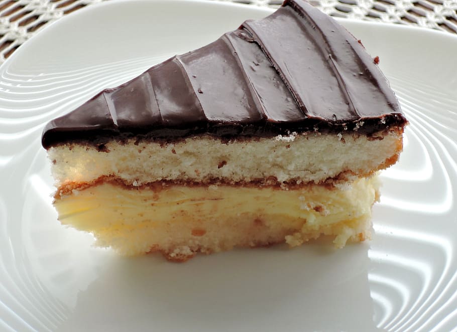 cake, slice, egg custard, chocolate, ganache, food, dessert HD wallpaper
