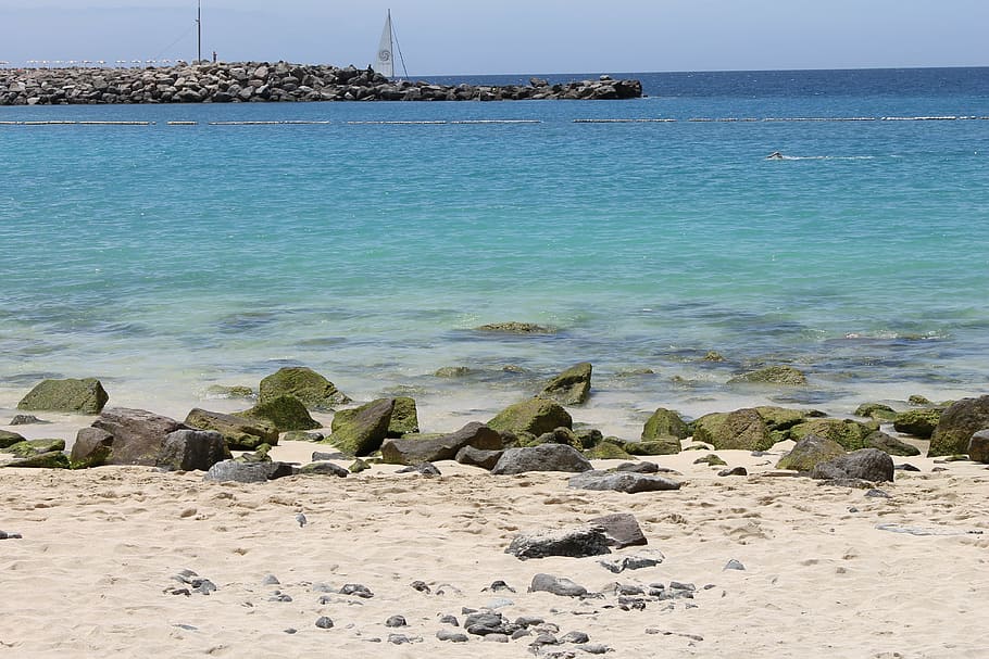 sea, booked, beach, water, land, sky, rock, rock - object, scenics - nature HD wallpaper