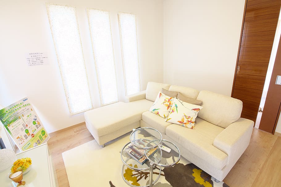 white fabric divan sofa beside the window, housing, home, completion HD wallpaper