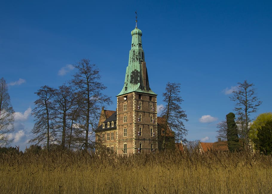 castle, raesfeld, grain, cornfield, cereals, sky, grain fields HD wallpaper