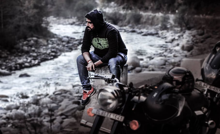 river, biker, holiday, mountain, indian, water, sport, people HD wallpaper