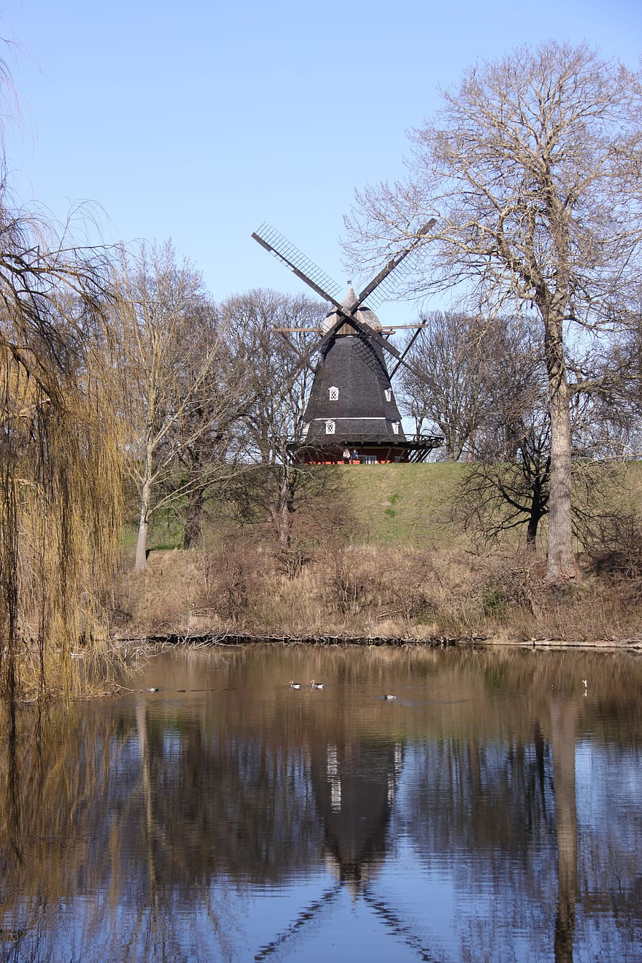 mill, mirroring, blue, sky, sunshine, park, denmark, natural HD wallpaper