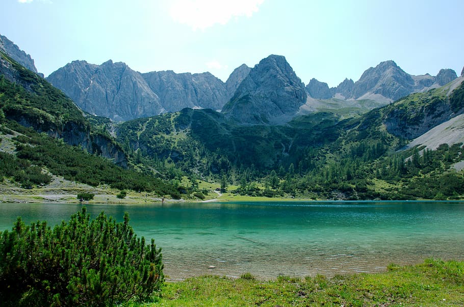 landscape photography of mountains, seebensee, alpine, ehrwald HD wallpaper