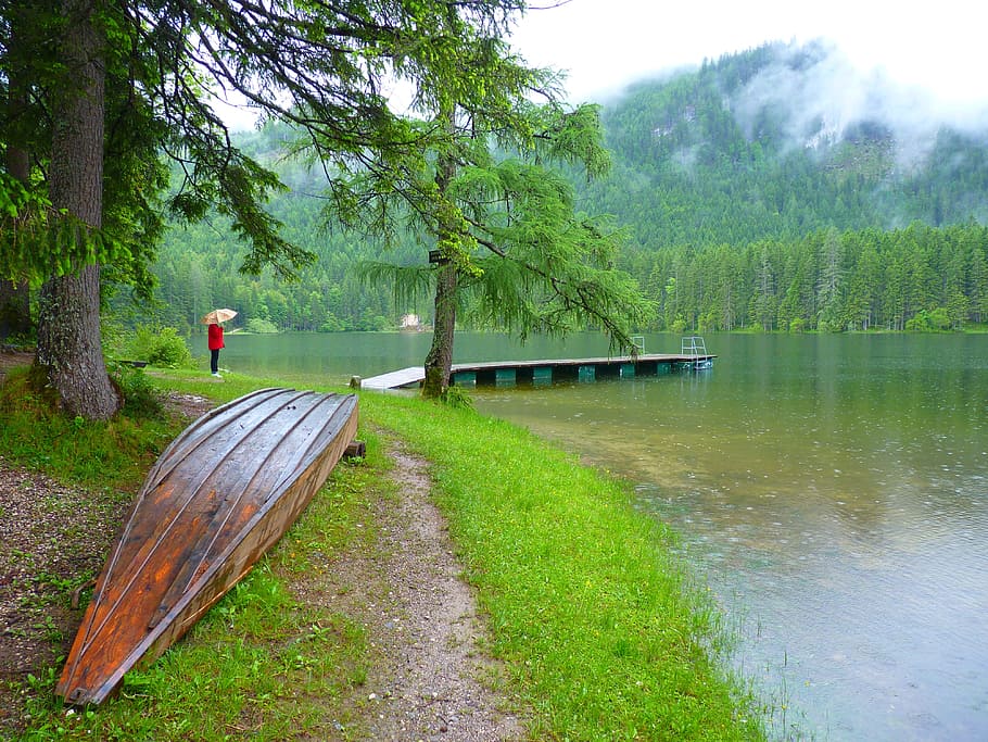 Lake, Water, Mood, Atmosphere, rain, wooden boat, nature, tree HD wallpaper
