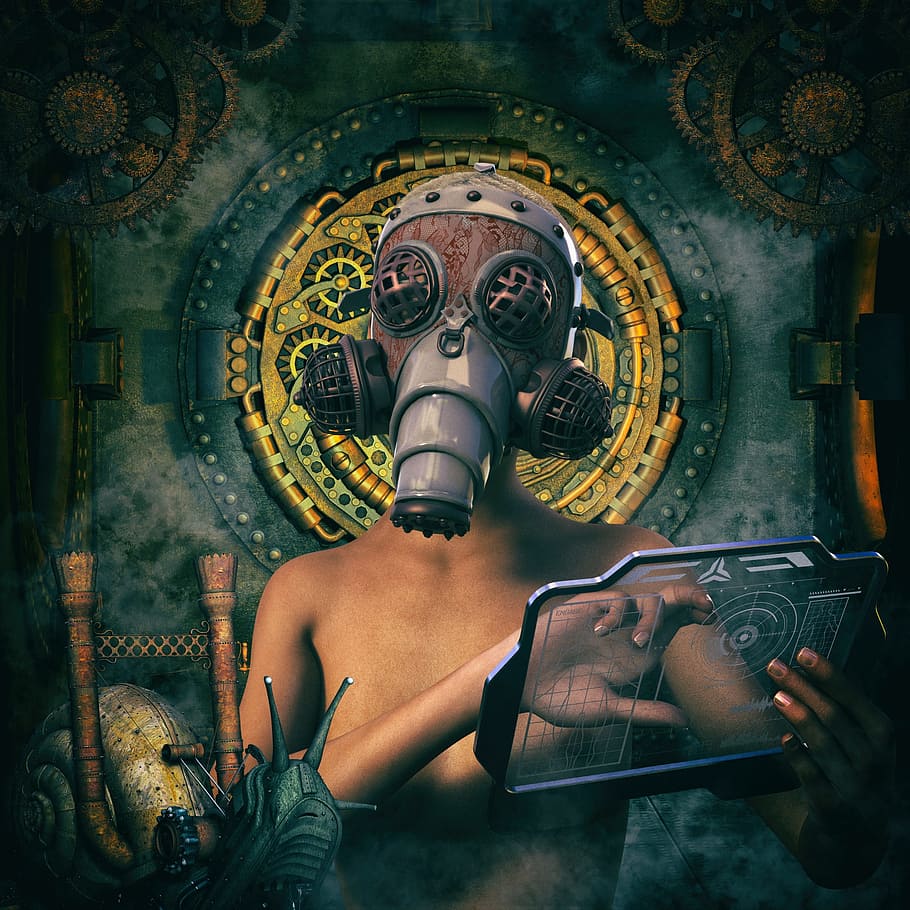 man wearing gas mask digital wallpaper, steampunk, scientists, HD wallpaper