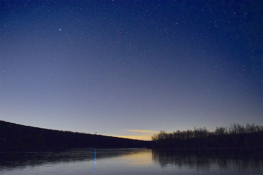 Lake, Trees, Night Time, Reflection, blue, sky, landscape, nature HD wallpaper