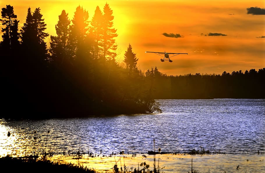 Sunset, Landscape, Seaplane, Twilight, evening, lake, color HD wallpaper