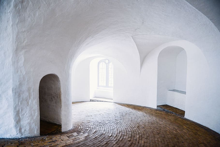 Interior shot of a white building in Copenhagen, Denmark, architecture