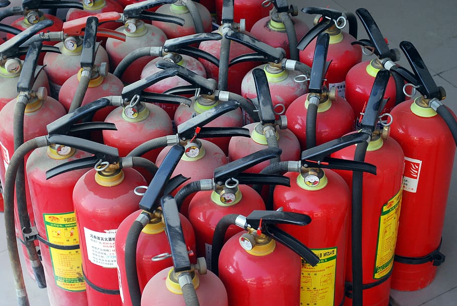 red fire extinguisher tank lot on road, Fire, Safety, Safety, Equipment HD wallpaper