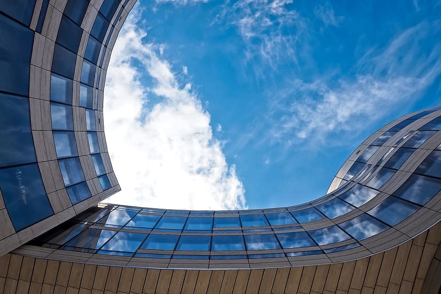 sky, clouds, building, tall, expression, exterior, facade, glass windows HD wallpaper