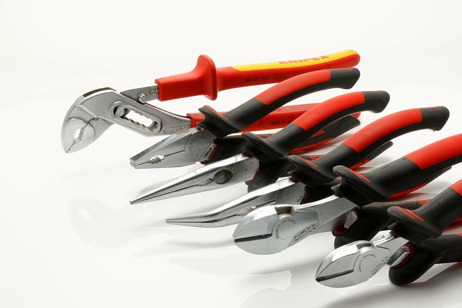 red-and-black plier set, pliers, tool, diagonal cutting pliers
