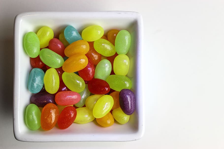 bean candies on white ceramic bowl, food, jelly beans, multi-color, HD wallpaper