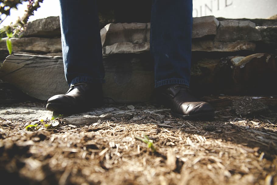 person standing on gray surface, person sitting on rock, shoe HD wallpaper
