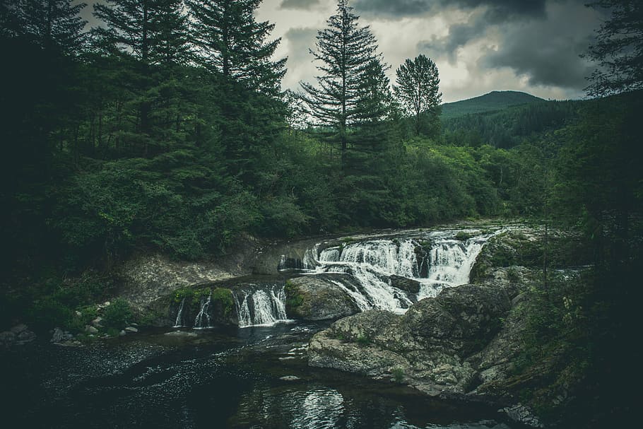 boulder, cascade, creek, environment, forest, landscape, mountain HD wallpaper