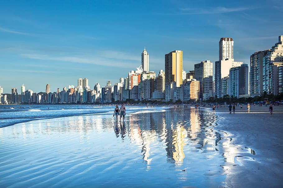sea, city, landscape, beach, architecture, blue sky, buildings HD wallpaper