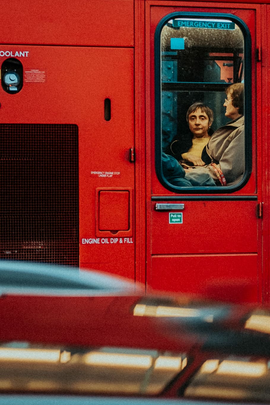 red truck, painting of woman and man inside red train, window HD wallpaper