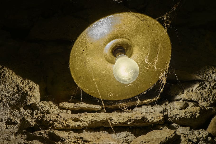lamp, spider web, cave, lighting, stone wall, dust, dirty, rock HD wallpaper