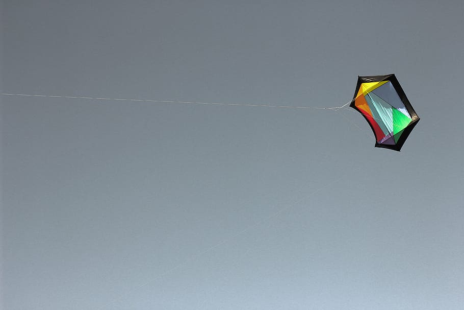 kite, sky, flying, blue, colorful, hanging, kite - toy, copy space HD wallpaper