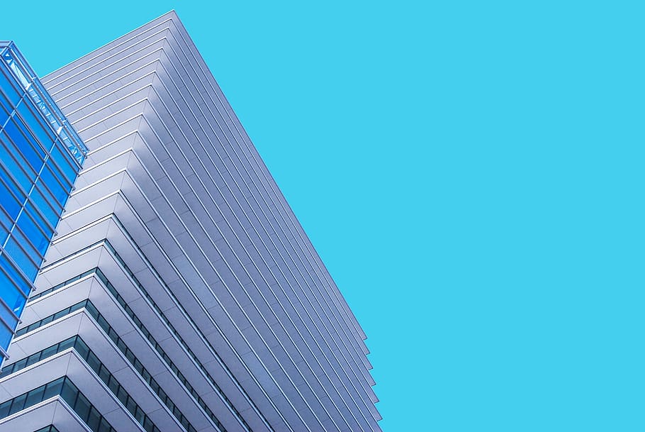 low angle photography of gray shard building under blue sky, skyscraper HD wallpaper