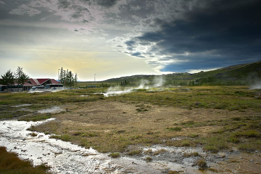 iceland, dramatic, geyser, nature, landscape, sky, outdoors HD wallpaper
