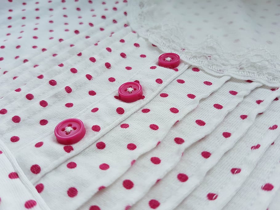 black and white polka-dot button-up shirt, pink, neck, clothes