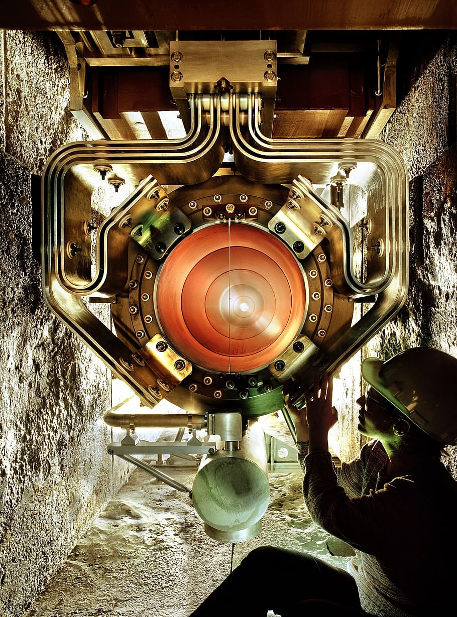 person in front of equipment, horn, magnetic, neutrino, van der meer, HD wallpaper