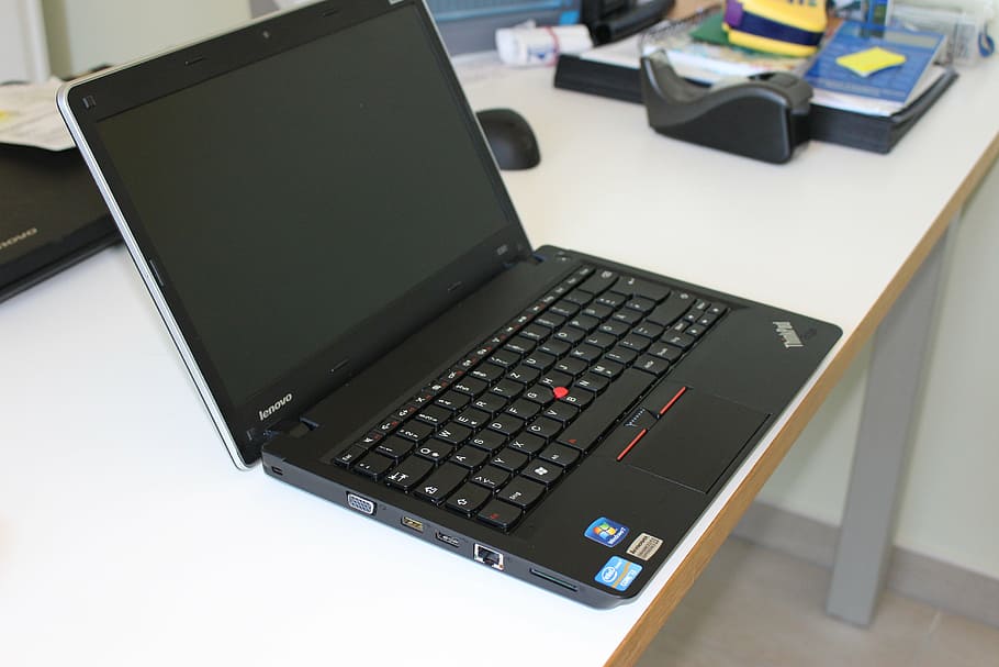black Lenovo Thinkpad on top of white wooden desk, notebook HD wallpaper