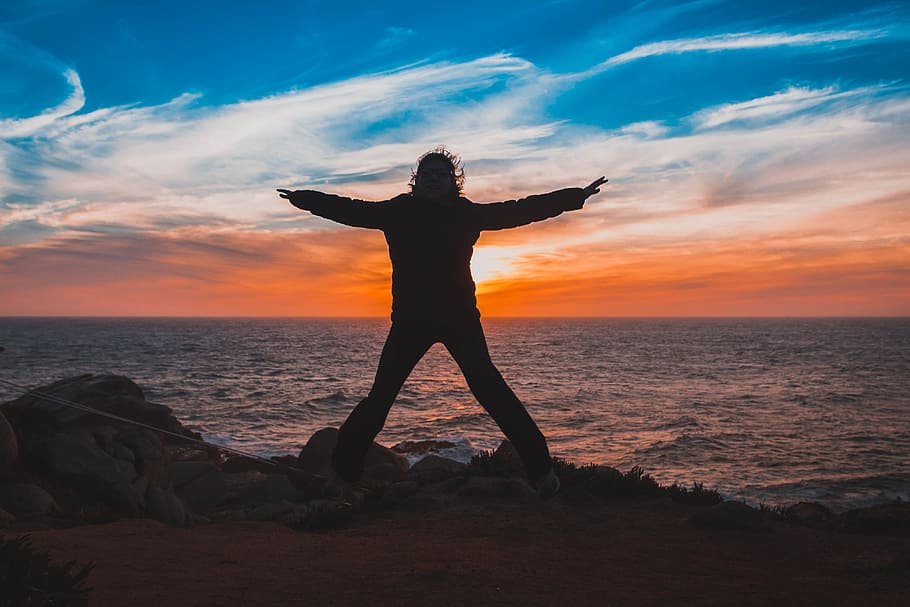 sunset, chile, beach, sea, sky, water, human arm, silhouette HD wallpaper