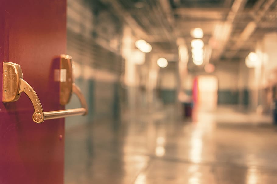 shallow focus photography of red door with gold-colored door lever HD wallpaper