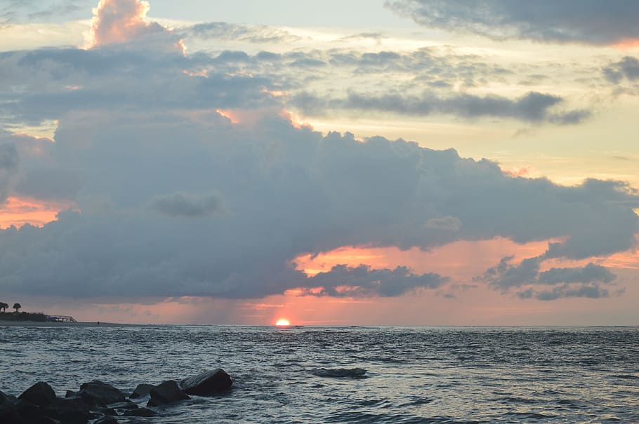 Sunset, Evening, Horizon, cloudy sky, inlet, charleston, sc, HD wallpaper