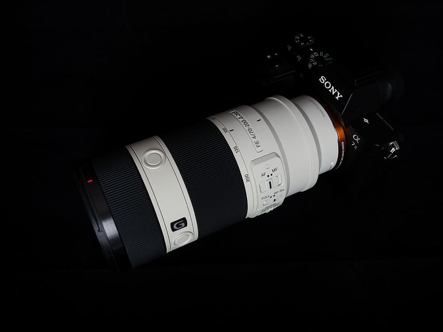 camera, electronics, gadget, lens, sony, black background, bottle HD wallpaper