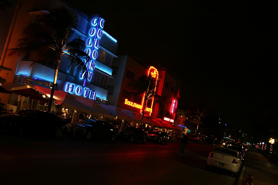blue LED signage turned on, Ocean Drive, Miami Beach, Florida HD wallpaper