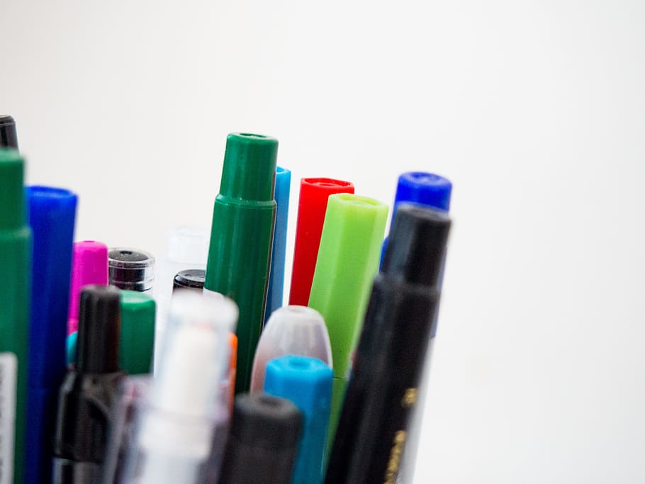 Pens and Markers, black, blue, desk, green, pencil, stationery