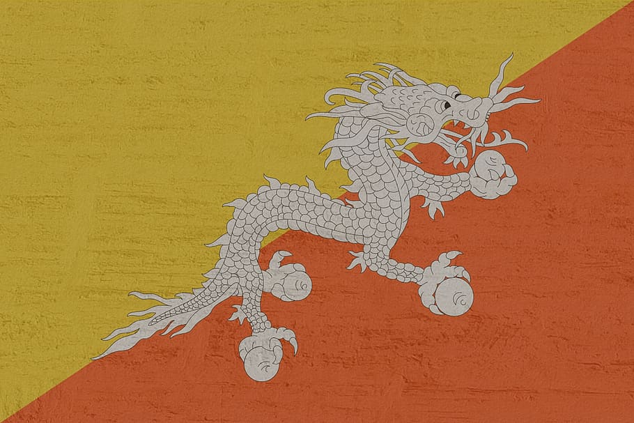 bhutan, flag, wall - building feature, animal representation HD wallpaper