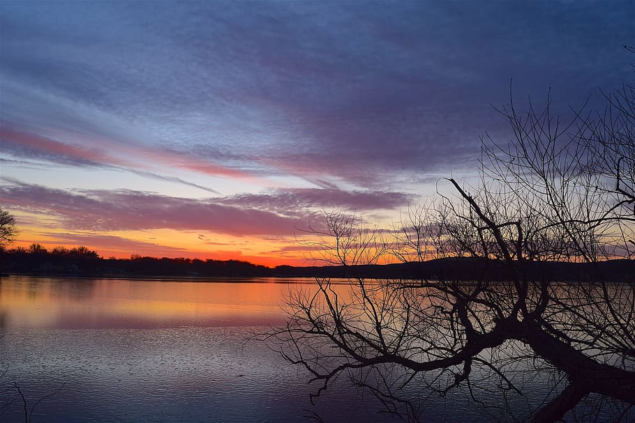 sunset, lake, colorful, clouds, sky, orange, pink, blue, water HD wallpaper