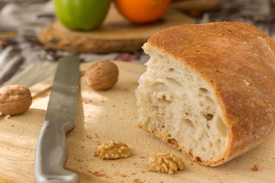 Bread, Fresh, Morning, Breakfast, Knife, wood, sunday, have a picnic HD wallpaper