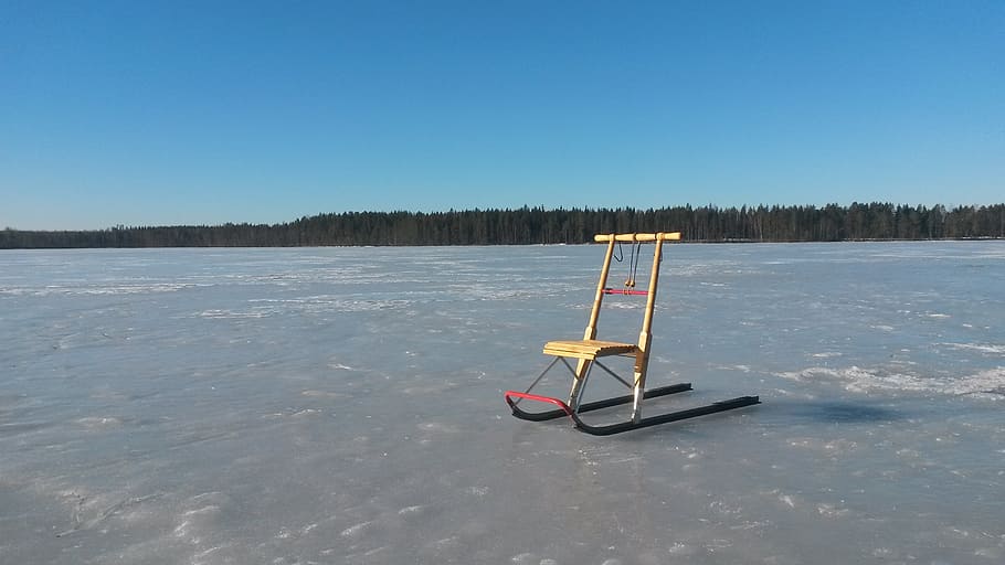 sledge, lake, winter, ice, cold, white, blue, cold temperature HD wallpaper