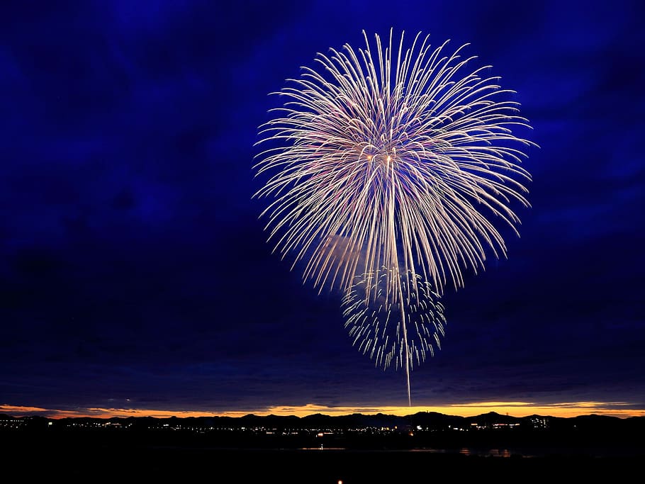 fireworks at night, fireworks illustration, sunset, outdoor, scenic HD wallpaper