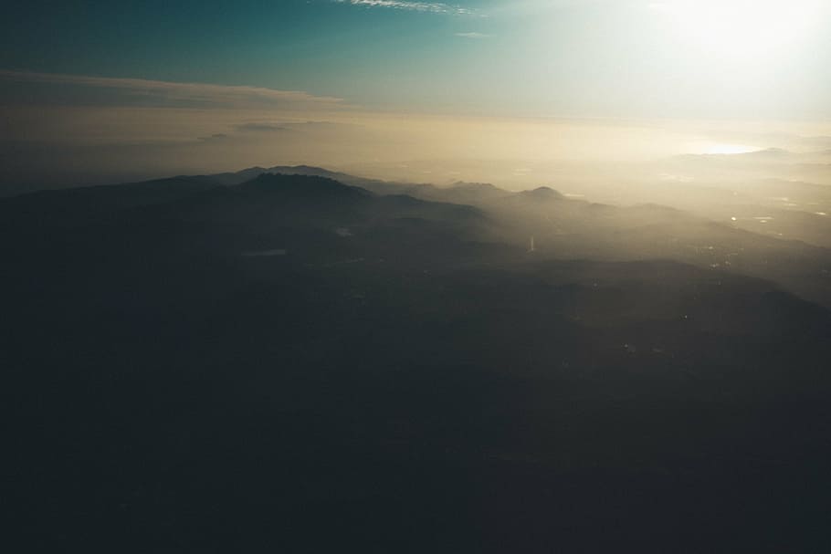 aerial photo of mountain, silhouette, mountains, view, sky HD wallpaper