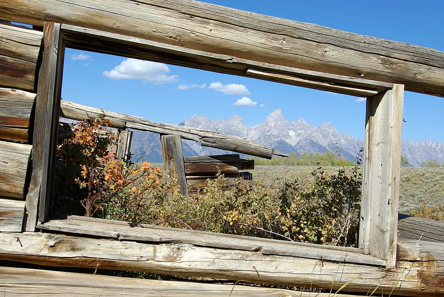 window frame, log, cabin, ruin, rustic, grand, teton, national HD wallpaper